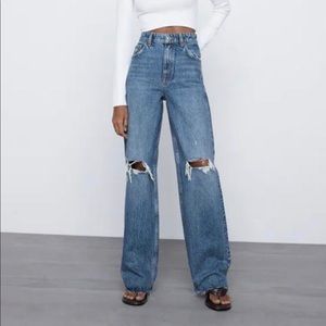 NEW Zara High Waisted Full Length Ripped Jeans